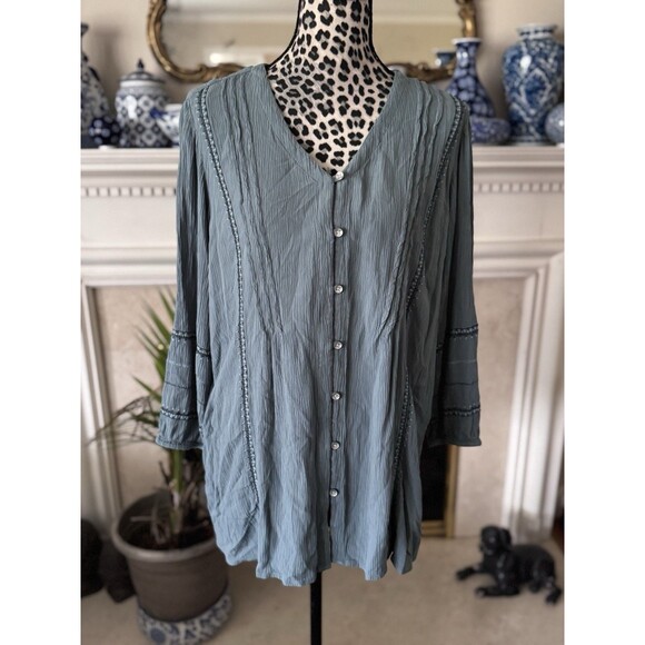 J. Jill Tops - J. Jill Shirt Top Blue Green V Neck Button Front 3/4 Sleeve Size M Lagenlook